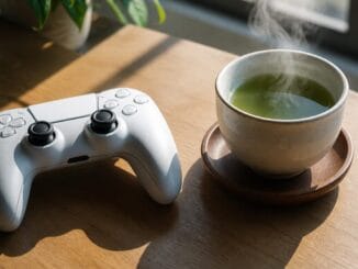 White games controller beside a steaming cup of green tea on a wooden desk