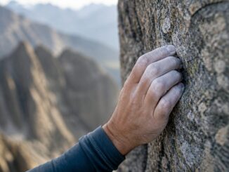 Climber's chalked hand gripping a granite rock face above a mountain valley