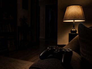 Games controller resting on the arm of a sofa in a dark living room lit by a single lamp