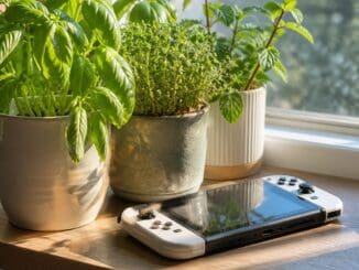 Handheld games console on a sunny windowsill next to pots of basil and herbs