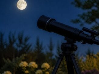 Telescope on a tripod pointed at a full moon over a garden at night