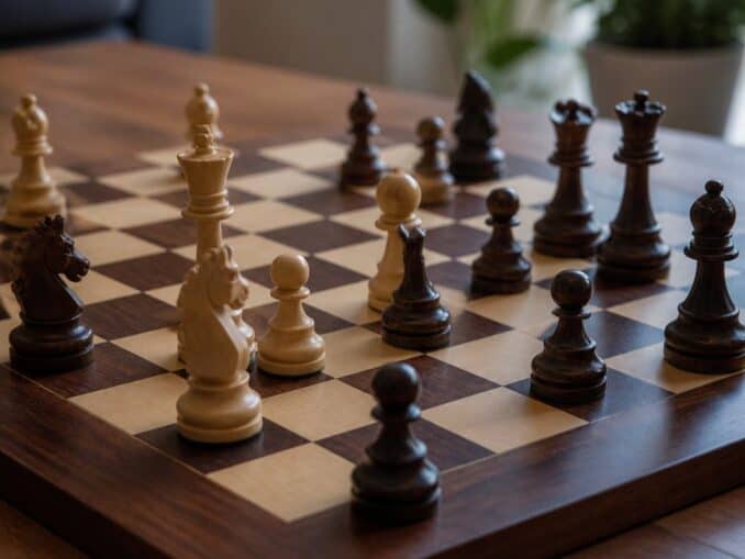 Chess game in progress on a wooden board in a living room