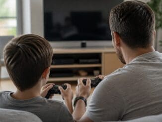Parent and child on a sofa holding controllers in front of a TV, seen from behind
