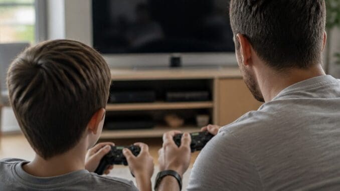 Parent and child on a sofa holding controllers in front of a TV, seen from behind