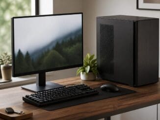 Desk with a PC tower, monitor, keyboard and mouse in a bright room