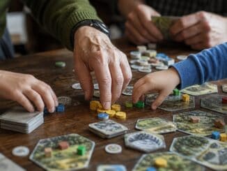 Hands of an older adult and a child placing tiles in a board game on a wooden table
