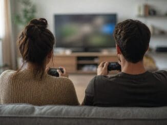 Two people on a sofa playing a video game together, seen from behind