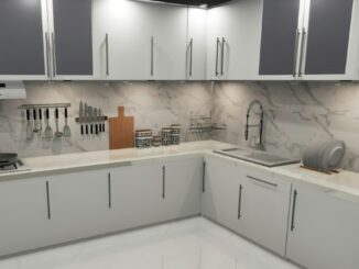 Modern grey kitchen with marble splashback