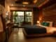 Warmly lit hotel bedroom with a made bed and wooden furnishings