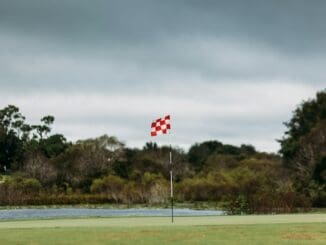 Red and white chequered flag on a golf green under a grey, cloudy sky
